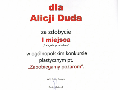 Dyplom dla Alicji Duda za zdobycie I miejsca w ogólnopolskim konkursie plastycznym pt. 