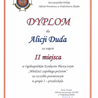 Dyplom za zajęcie II miejsca dla Alicji Dudy w konkursie ogólnopolskim 