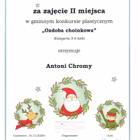Dyplom za zajecie II miejsca w gminnym konkursie plastycznym 